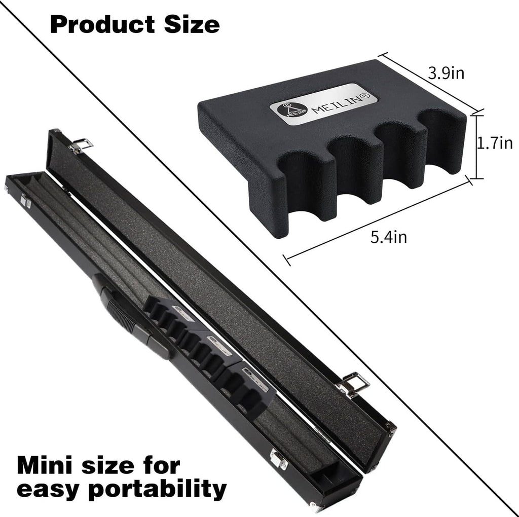 Compact black 4-cue pool stick holder with four foam slots and latch