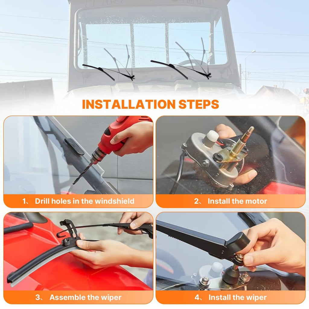 Electric windshield wiper installation steps showing motor and wiper arms on a vehicle