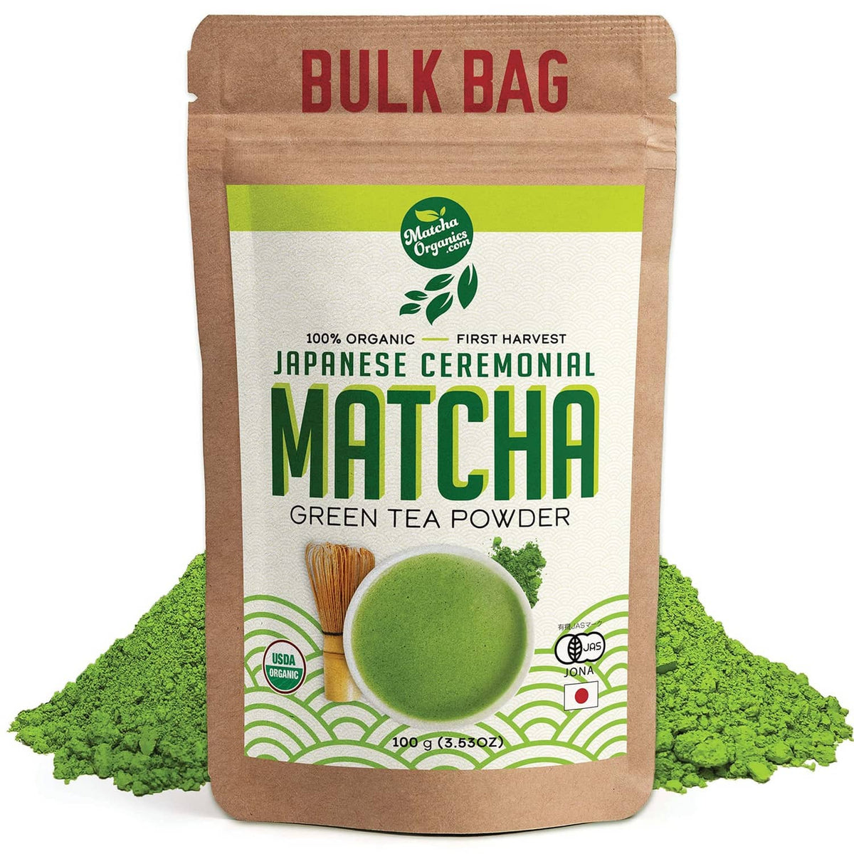 Matcha green tea powder bulk bag, kraft pouch with green label
