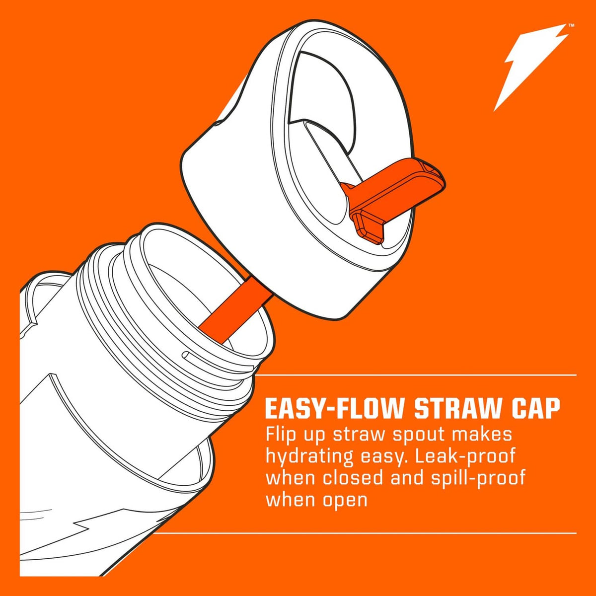 Orange flip straw cap for metal water bottle, shown close-up