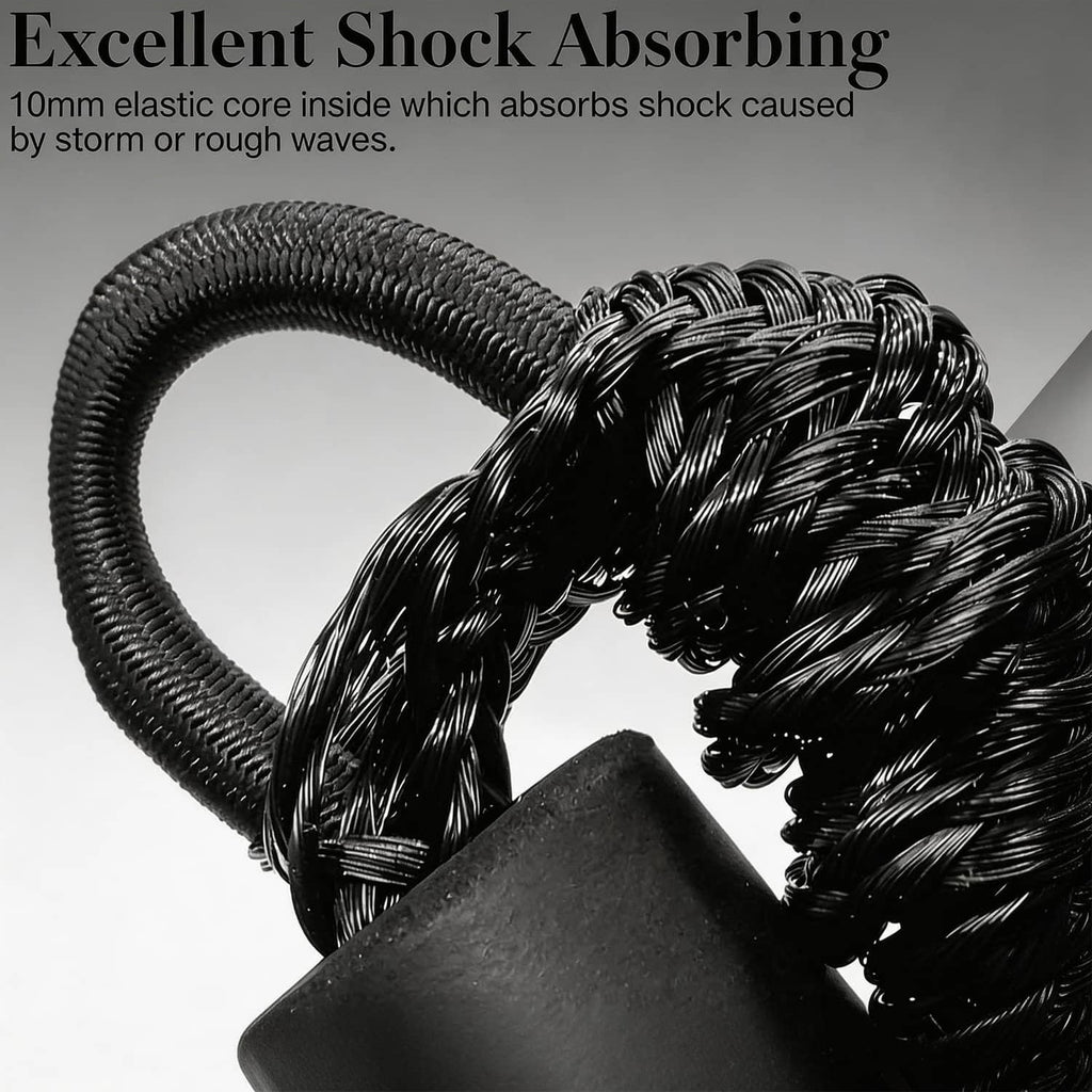 Close-up of black braided bungee rope with elastic core and black foam sleeve