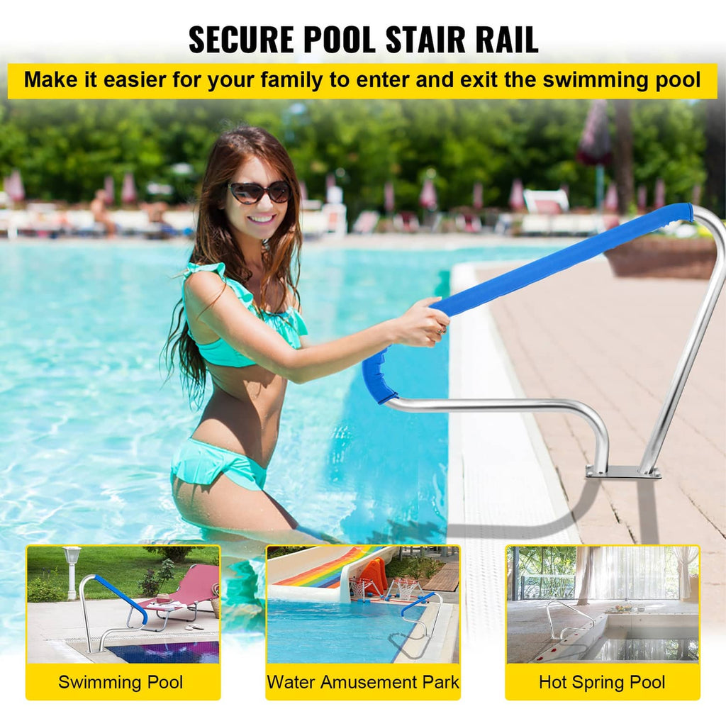 Stainless steel pool stair handrail with blue grip cover