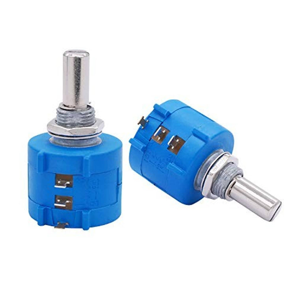 Rotary potentiometer pair with blue bodies, pin terminals, and metal adjustment shafts