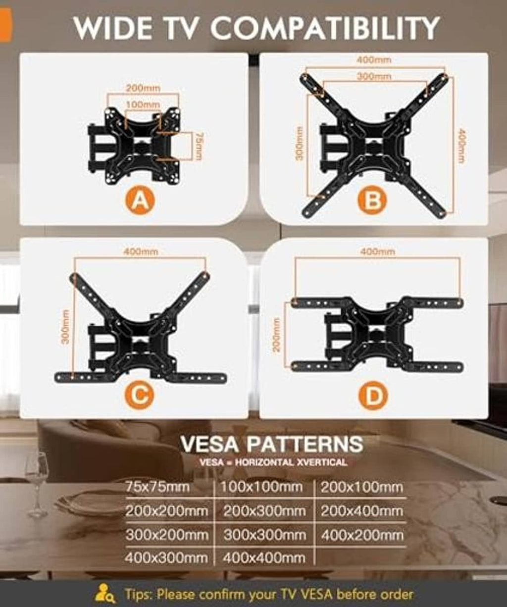 Corner TV wall mount compatibility diagram with VESA pattern size options