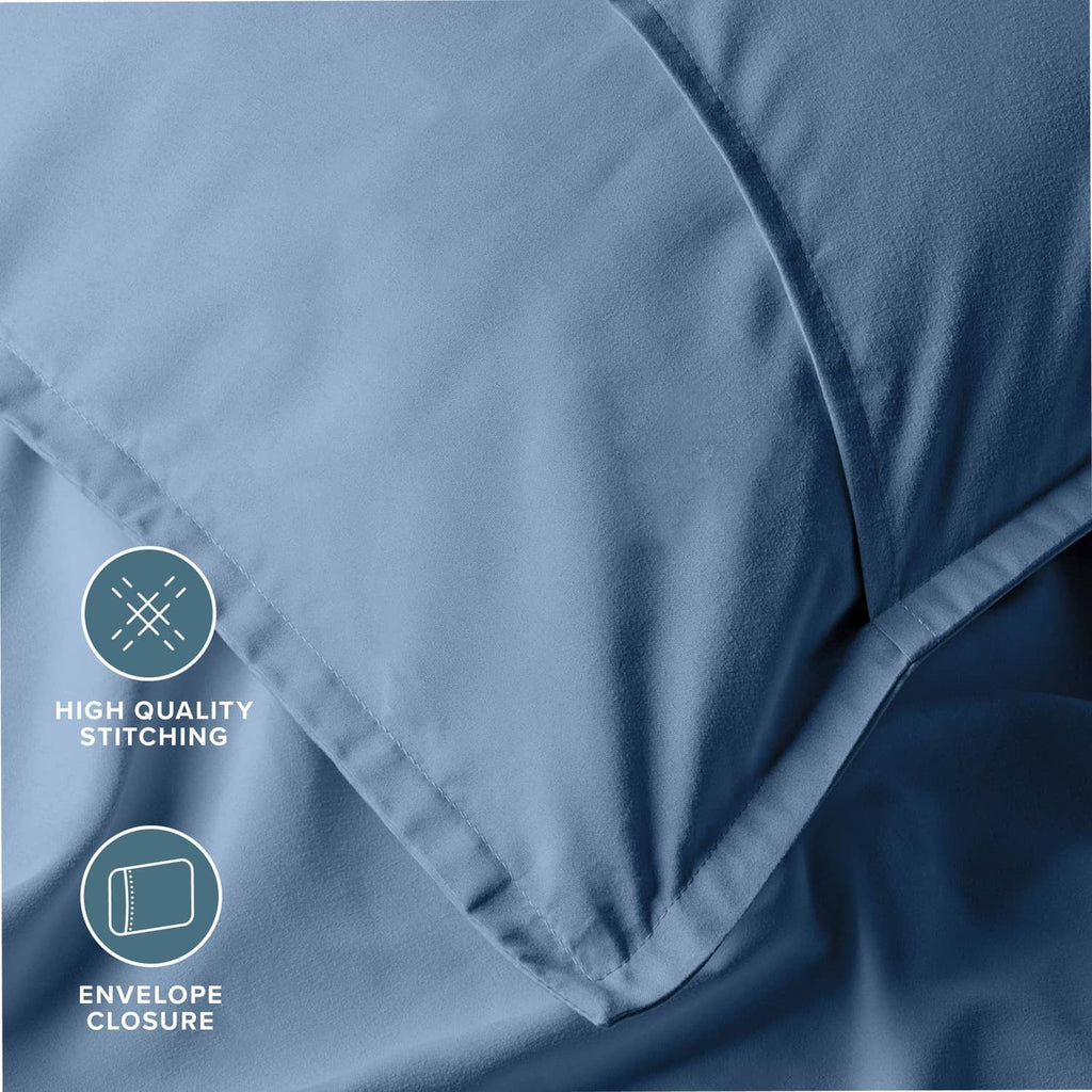 Blue microfiber pillow sham corner with reinforced stitching and neat edge finishing