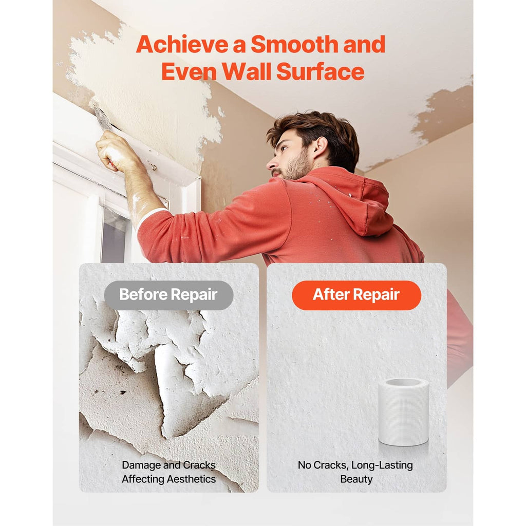 White self-stick fiberglass wall repair tape smoothing over wall crack area
