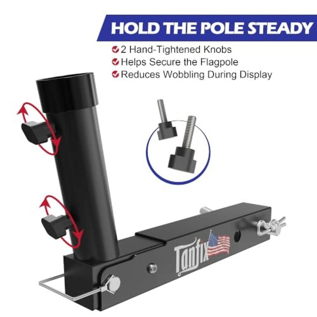 Black foldable hitch mount flagpole holder with dual hand-tightened knobs