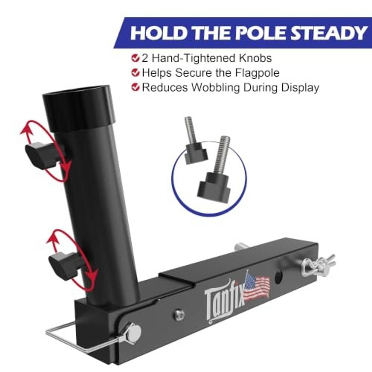 Black foldable hitch mount flagpole holder with dual hand-tightened knobs