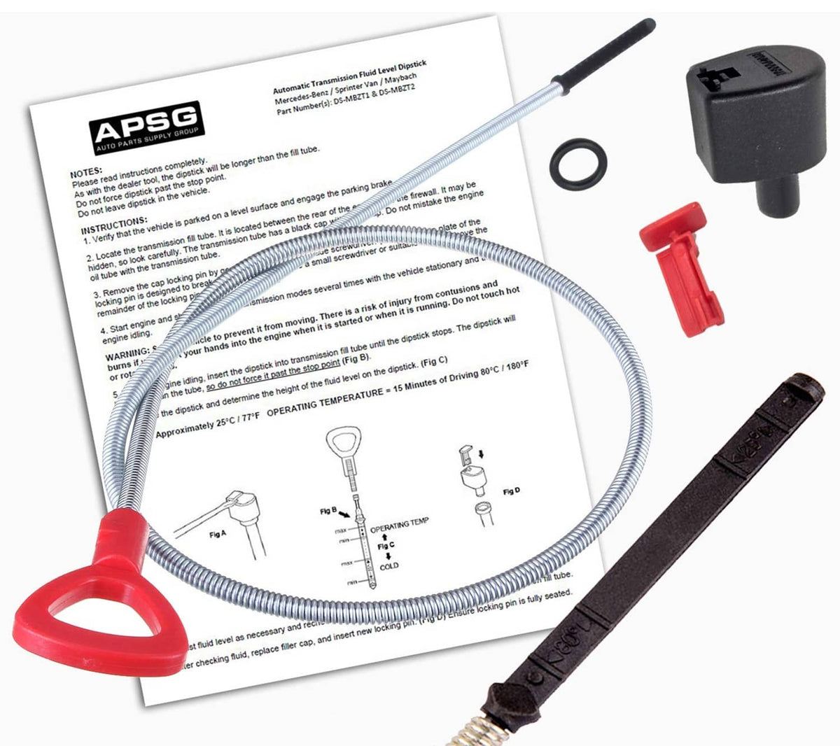 Automatic transmission fluid level dipstick tool with red handle, black probe and coiled tube.