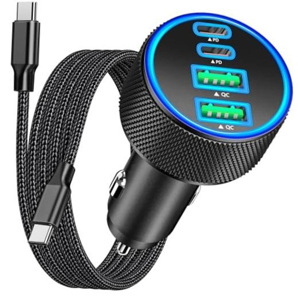 Black car USB-C power charger with braided cable and glowing 4-port LED charge panel