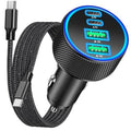 Black car USB-C power charger with braided cable and glowing 4-port LED charge panel