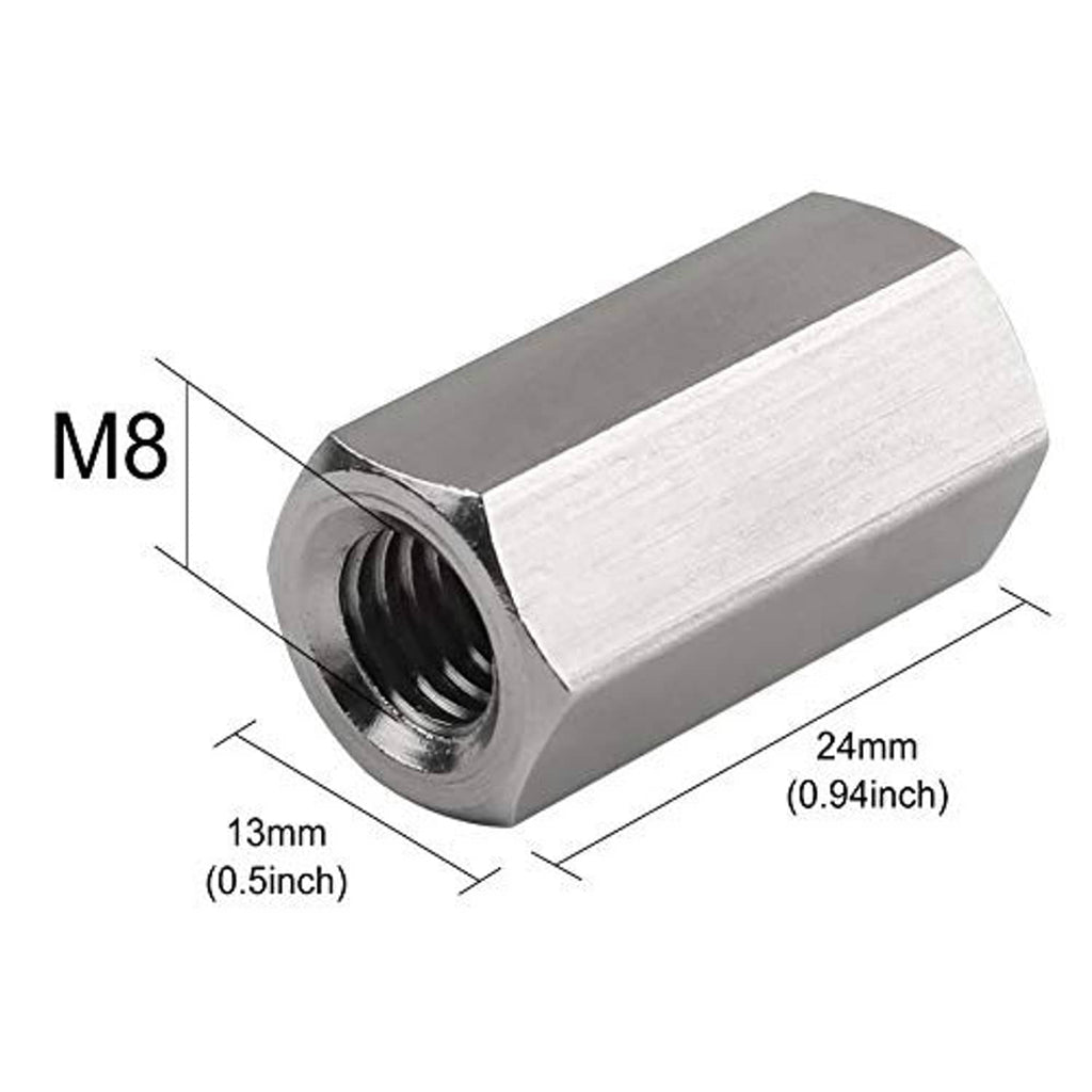 M8 stainless hex coupling nut, 24mm length, shows size and thread markings