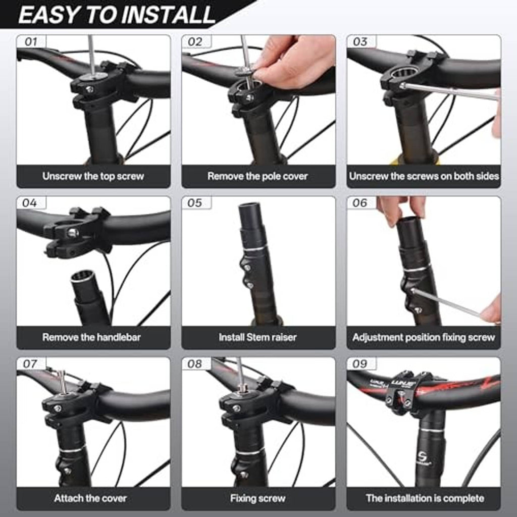 Stem riser extender installation steps on bicycle handlebar stem with screws shown