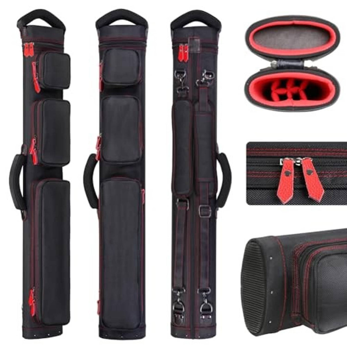 Pool cue case standing upright with red-trim zipper openings and carry handle straps