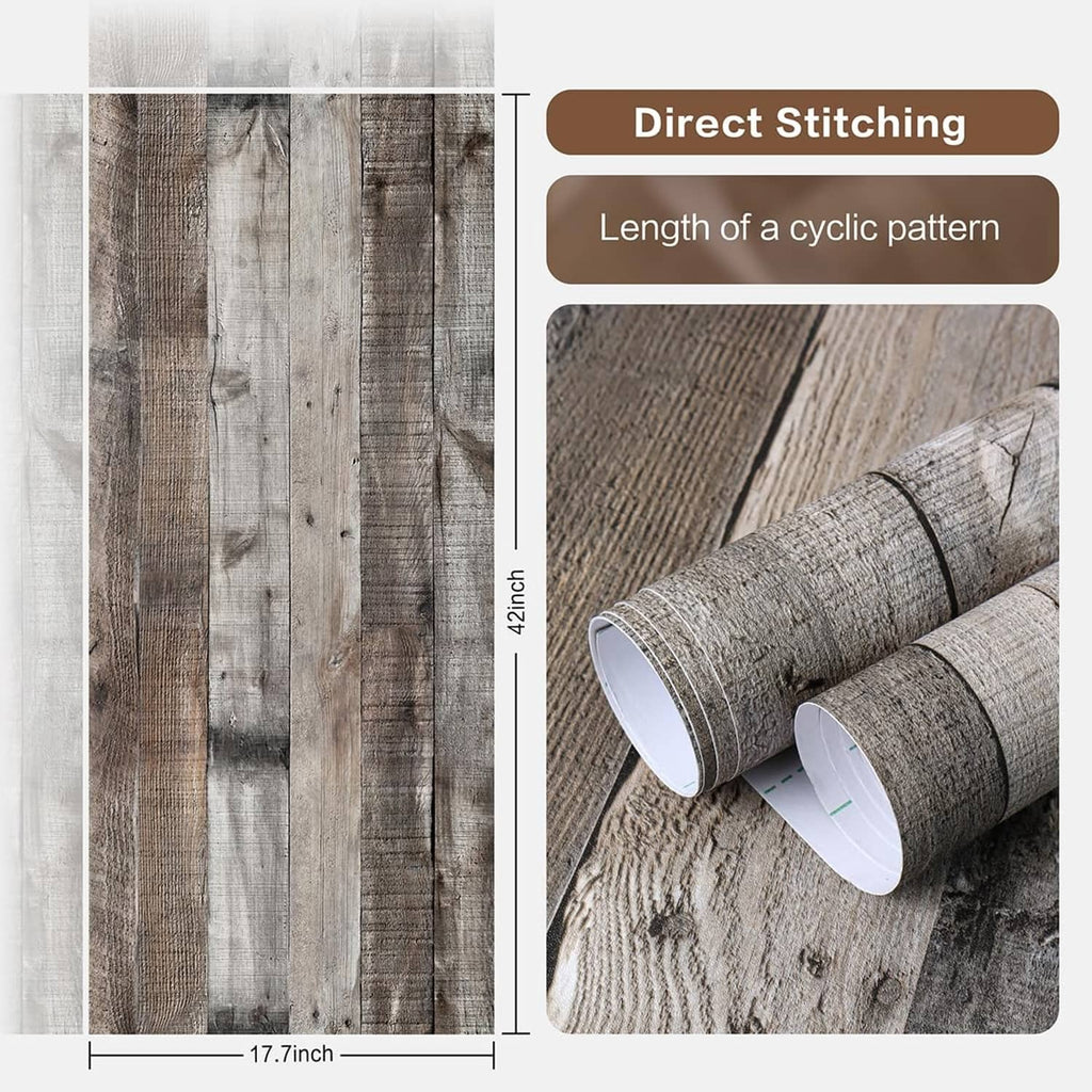 Gray shiplap peel-and-stick wallpaper roll showing textured wood-plank pattern