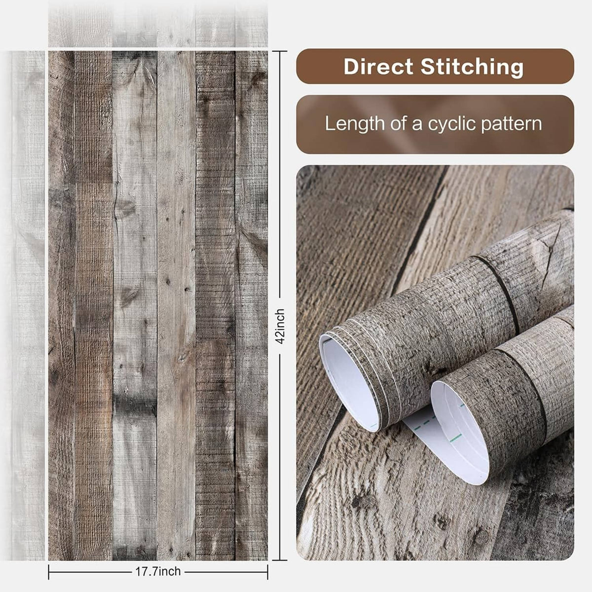 Gray shiplap peel-and-stick wallpaper roll showing textured wood-plank pattern