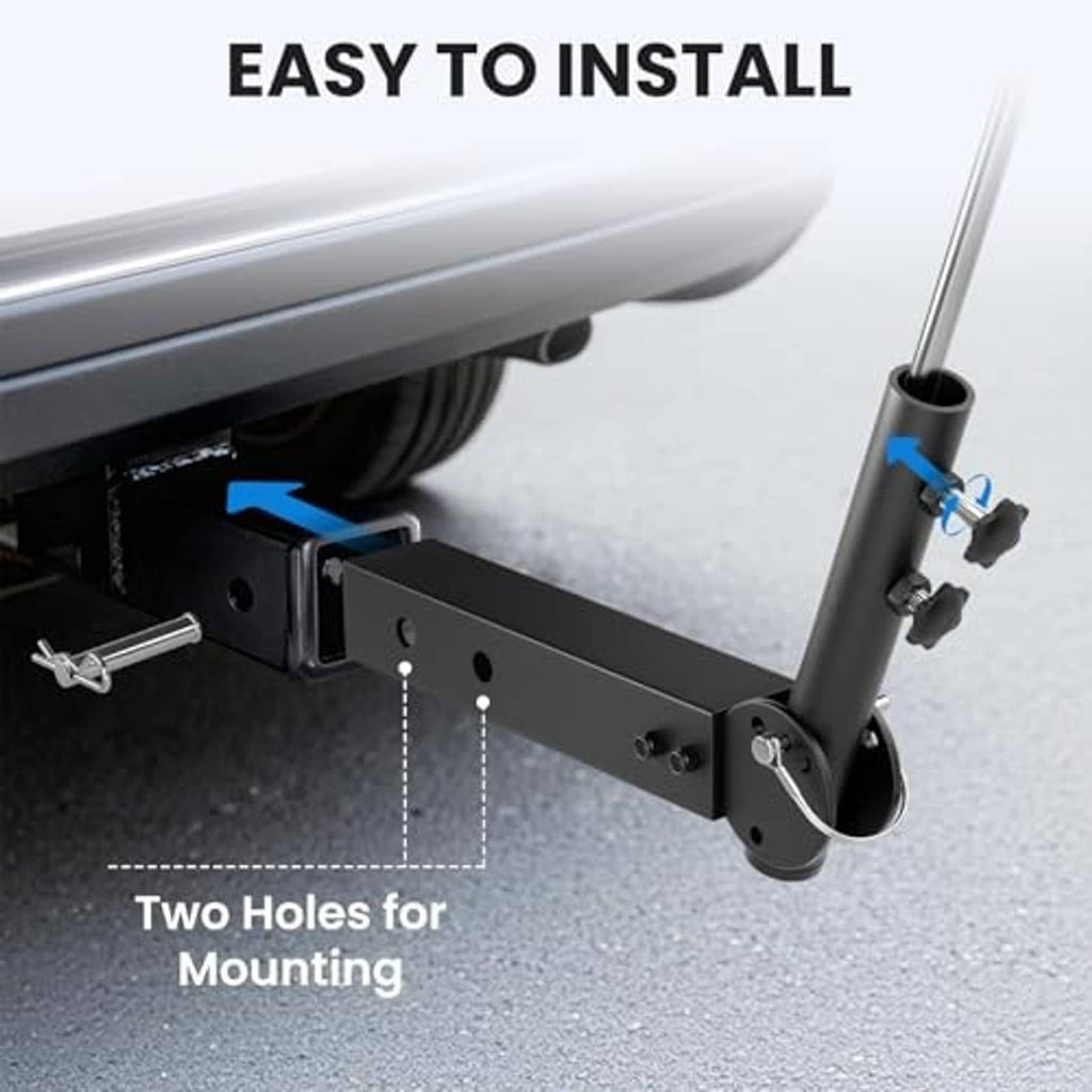 Trailer hitch flagpole mount showing two mounting holes and curved base, black metal