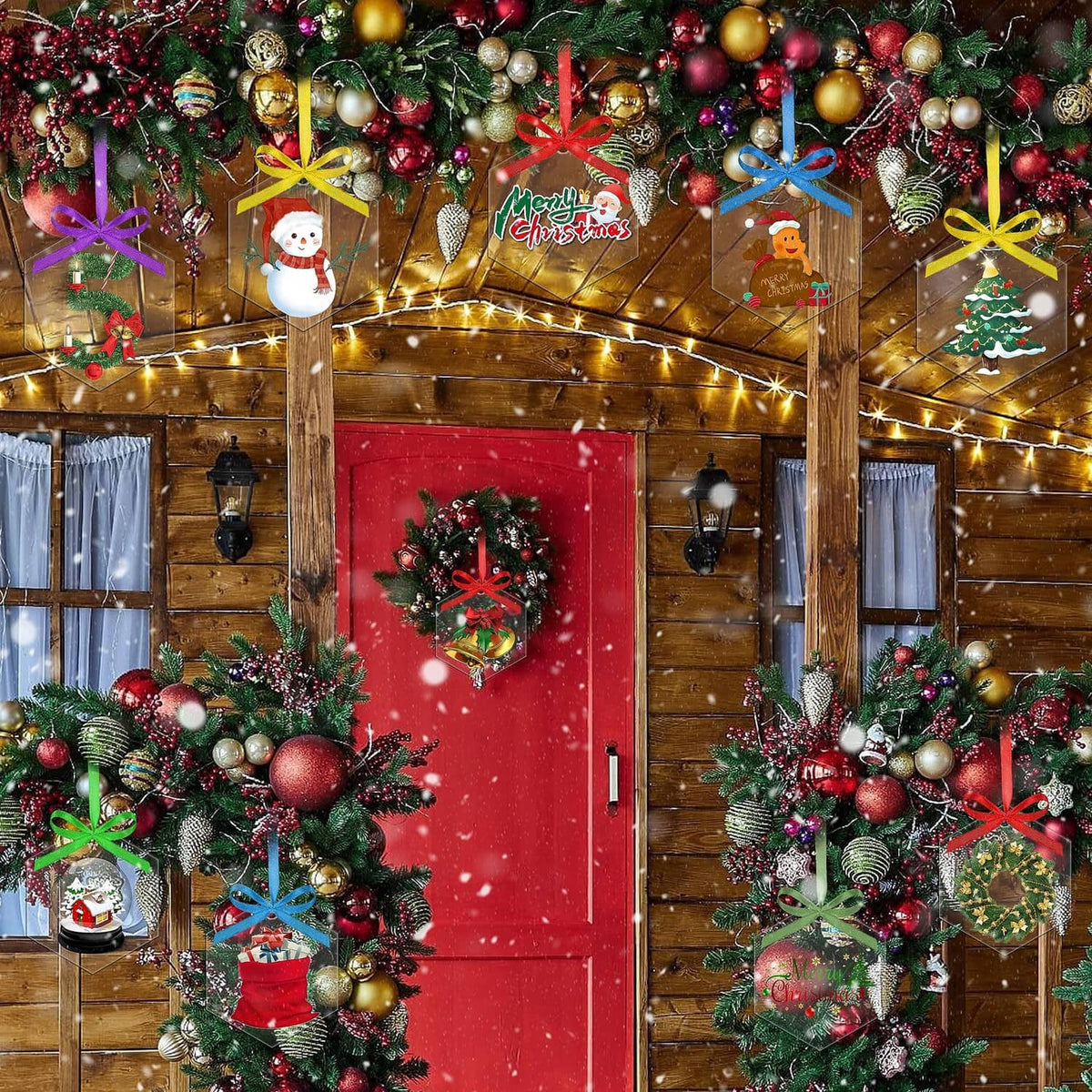 Clear round Christmas hanging ornaments with colorful bows on an outdoor wreath display