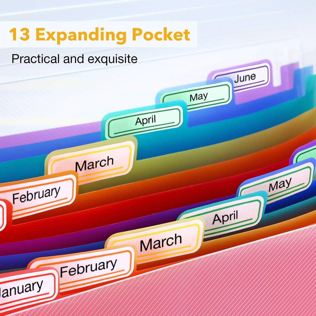 13-pocket expanding accordion folder with month label tabs in rainbow colors