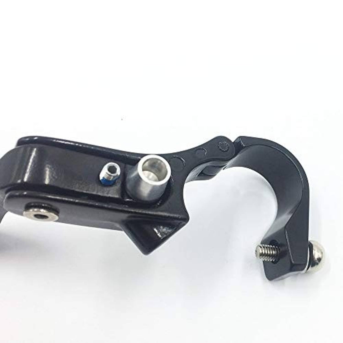 Black road bike brake lever with band clamp and metal pivot, aluminum alloy