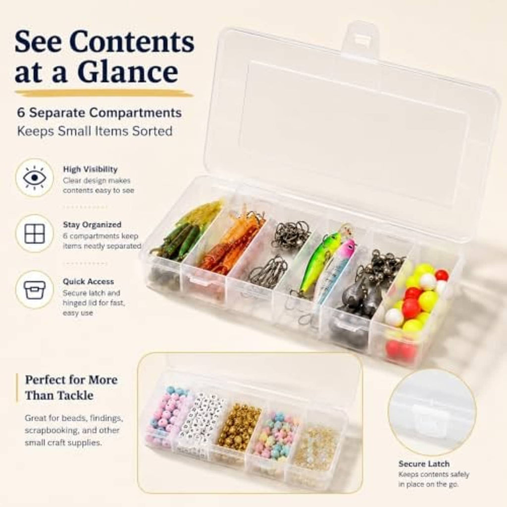 Transparent tackle box organizer with open lid showing sorted compartments, secure snap latch