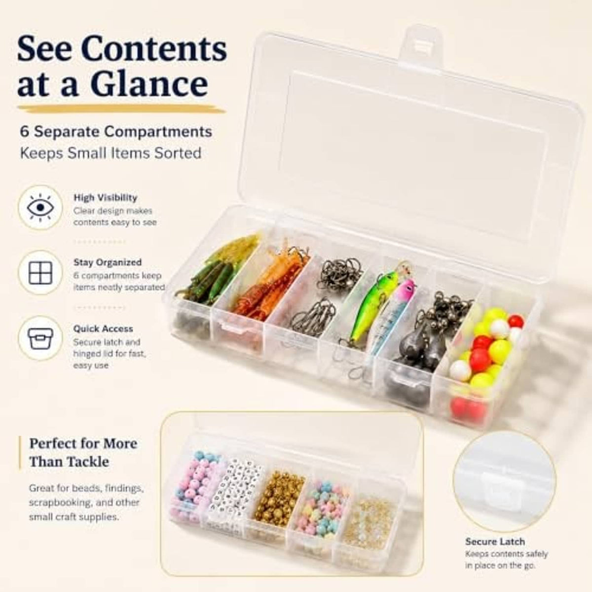 Transparent tackle box organizer with open lid showing sorted compartments, secure snap latch