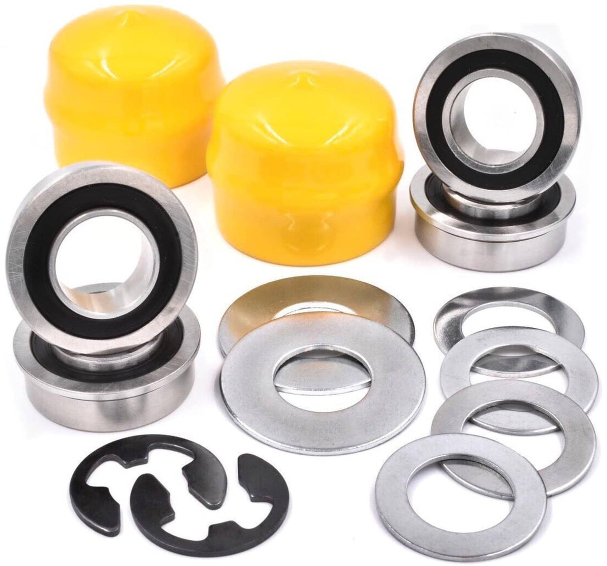 Wheel hub bushing-to-bearing conversion kit with yellow bushings and steel bearings