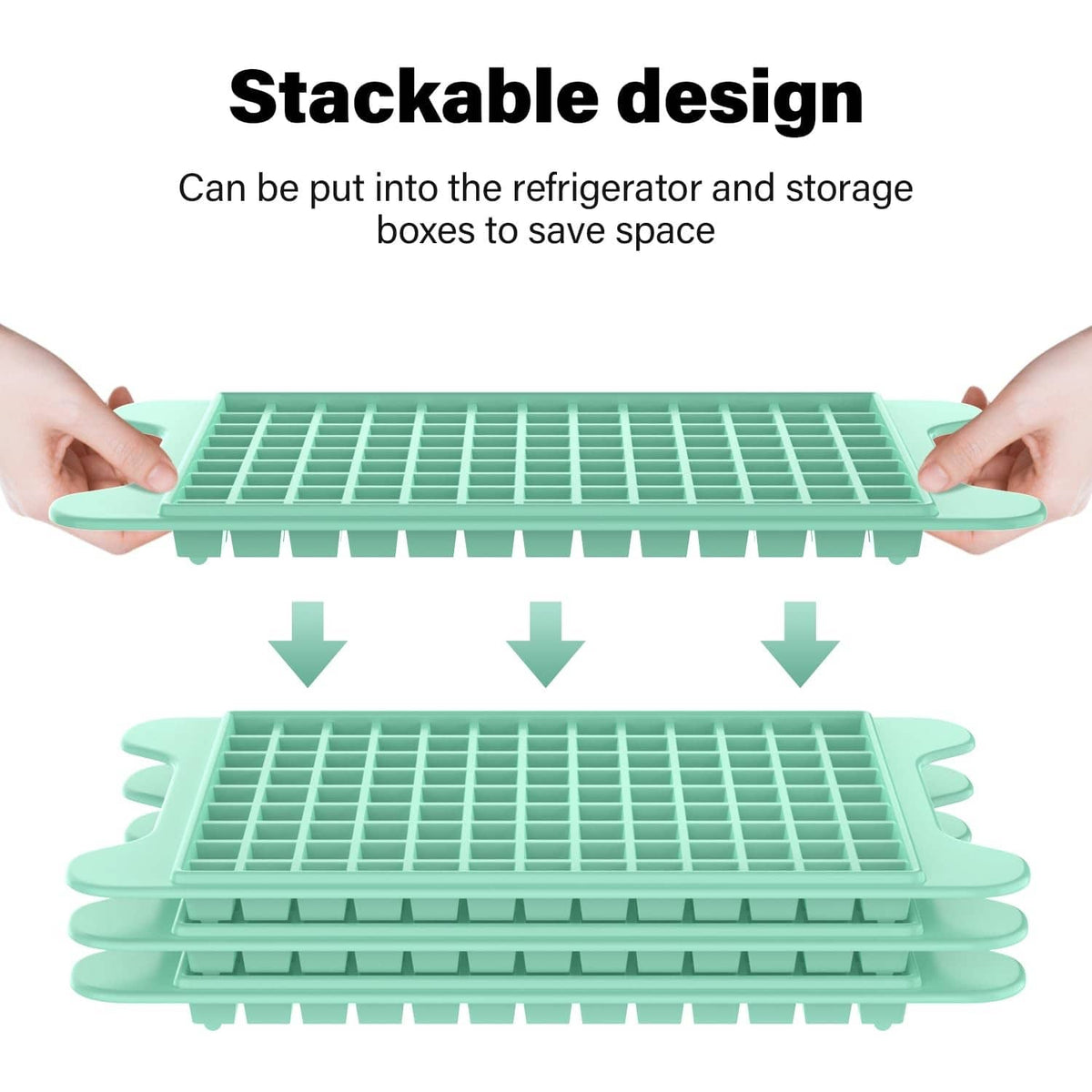 Stackable green mini ice cube trays held for filling