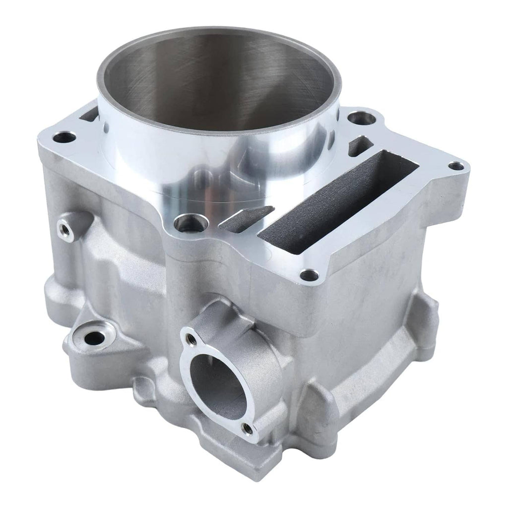 Metal engine cylinder jug angled view with black intake insert and side mounting holes