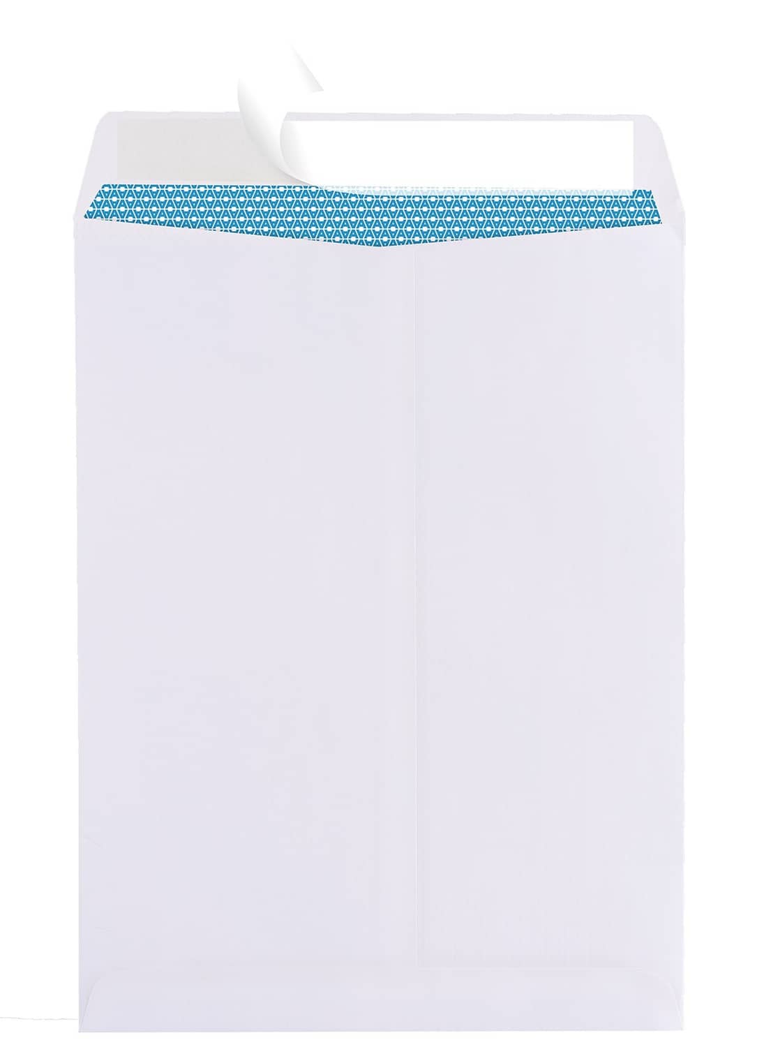 White 9x12 self-seal security envelope with blue patterned sealing strip