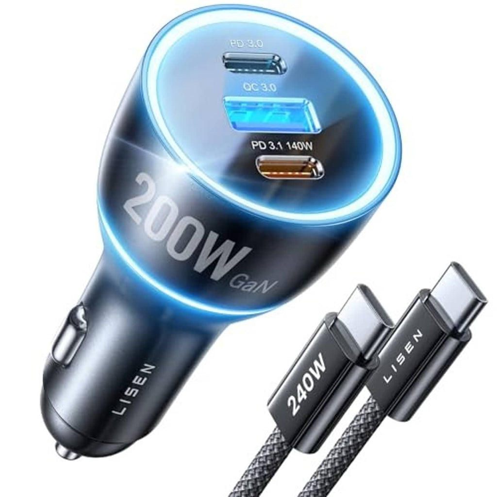 Black car charger with blue LED ring, dual USB-C ports, and two braided cables