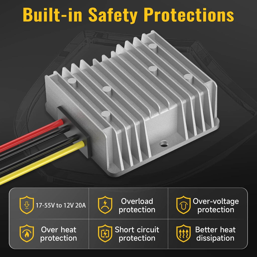 Step-down converter with gray finned heat sink and red, yellow, and black input wires.