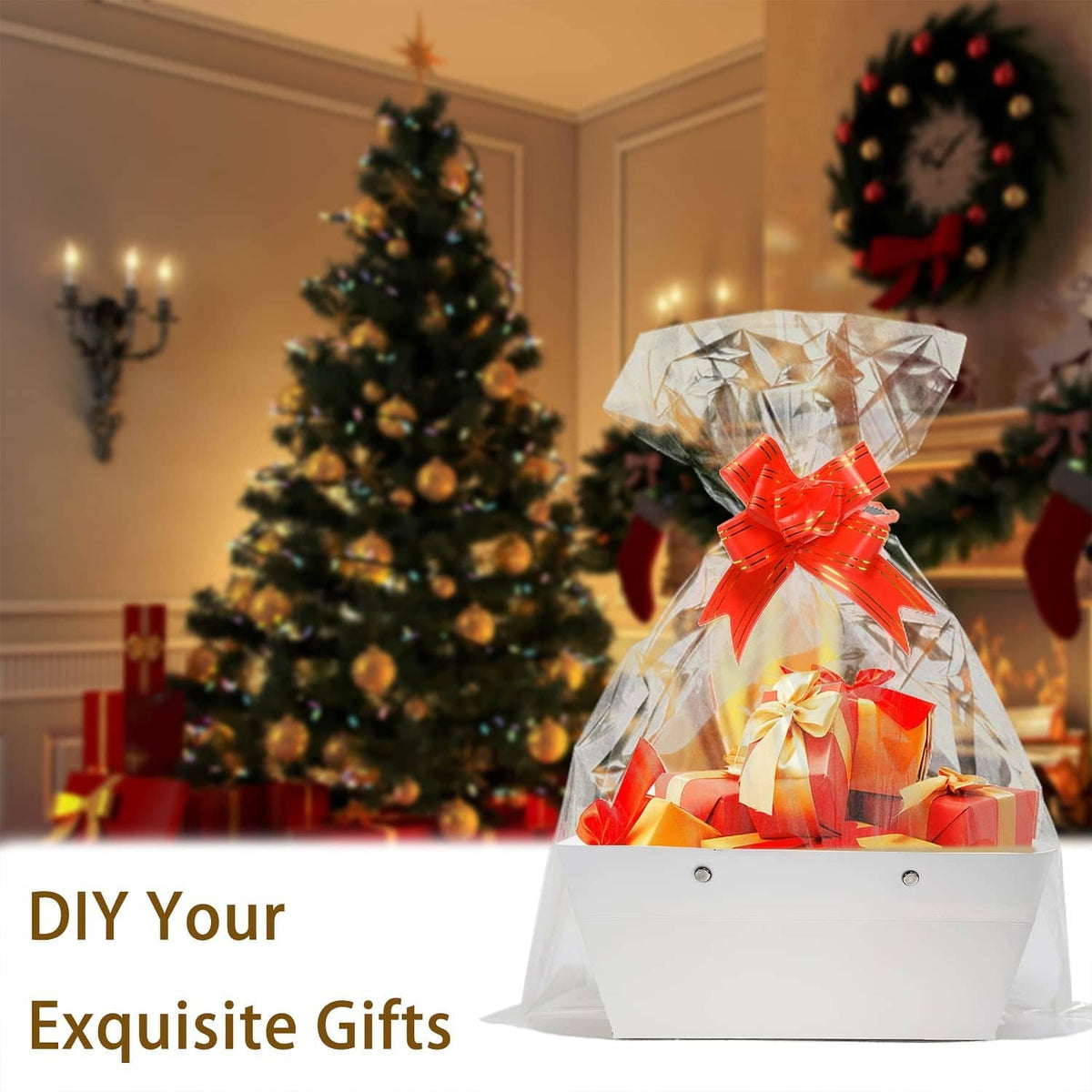 White gift basket with clear bag wrap and red bow gift