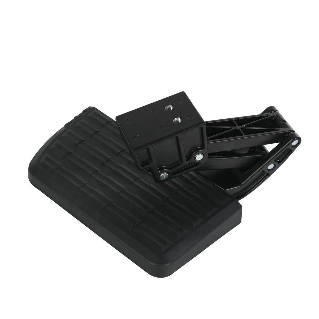 Retractable truck bed side step with textured black foot platform and folded support arm
