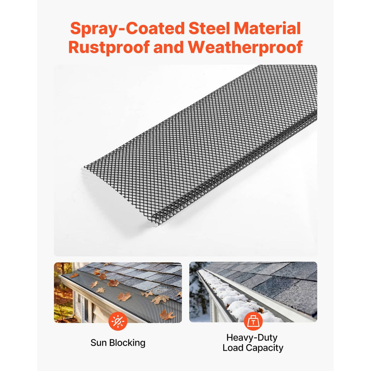 Black spray-coated steel gutter guard mesh strip with tight grid pattern