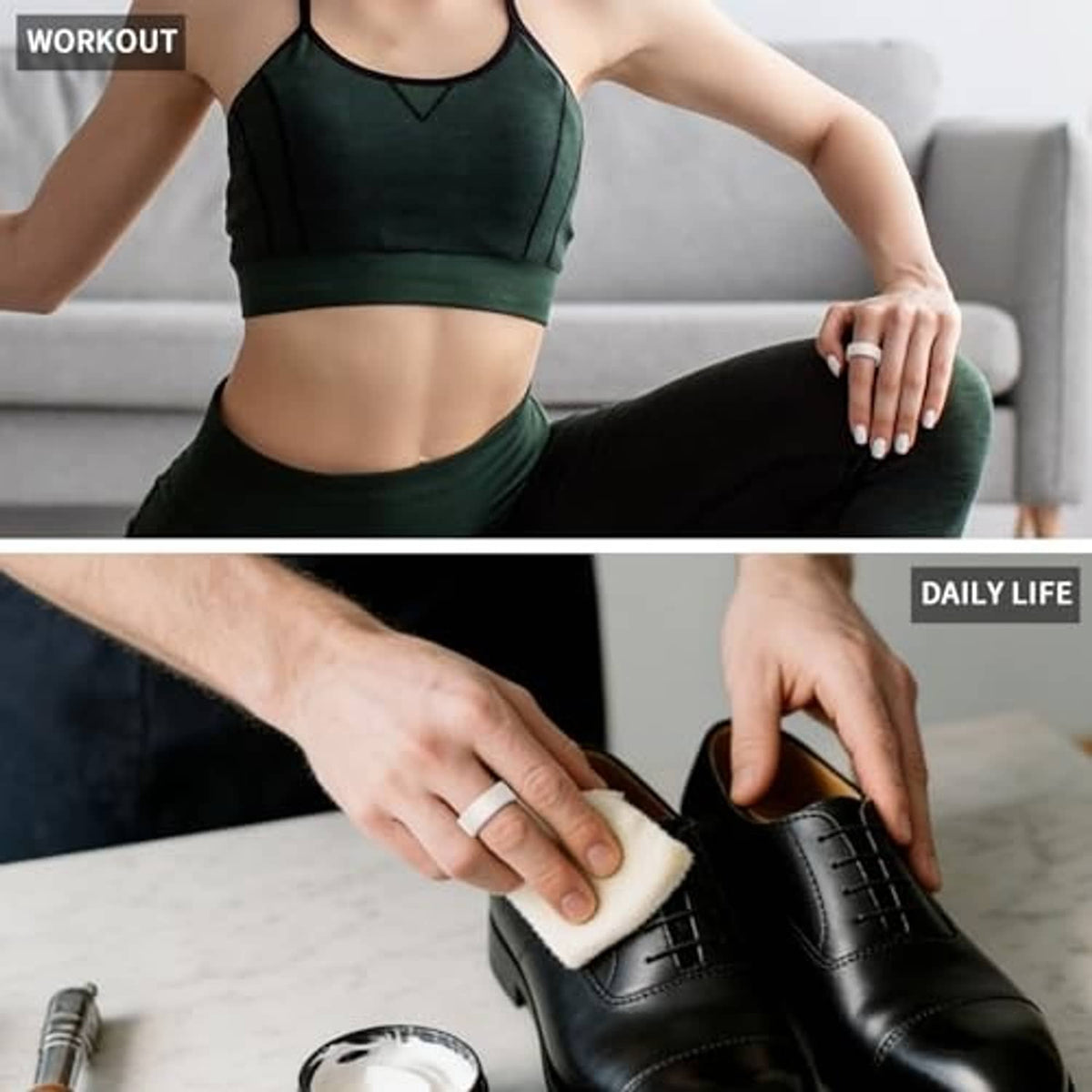 Black silicone ring cover on a smart ring; hands placing and removing the protective case.
