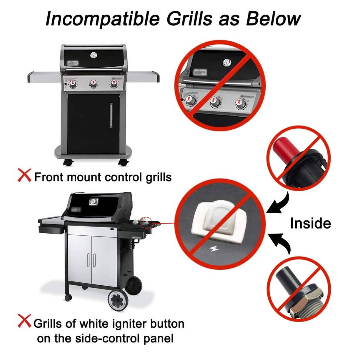 Igniter kit compatibility guide for grills with icons indicating fit and non-fit