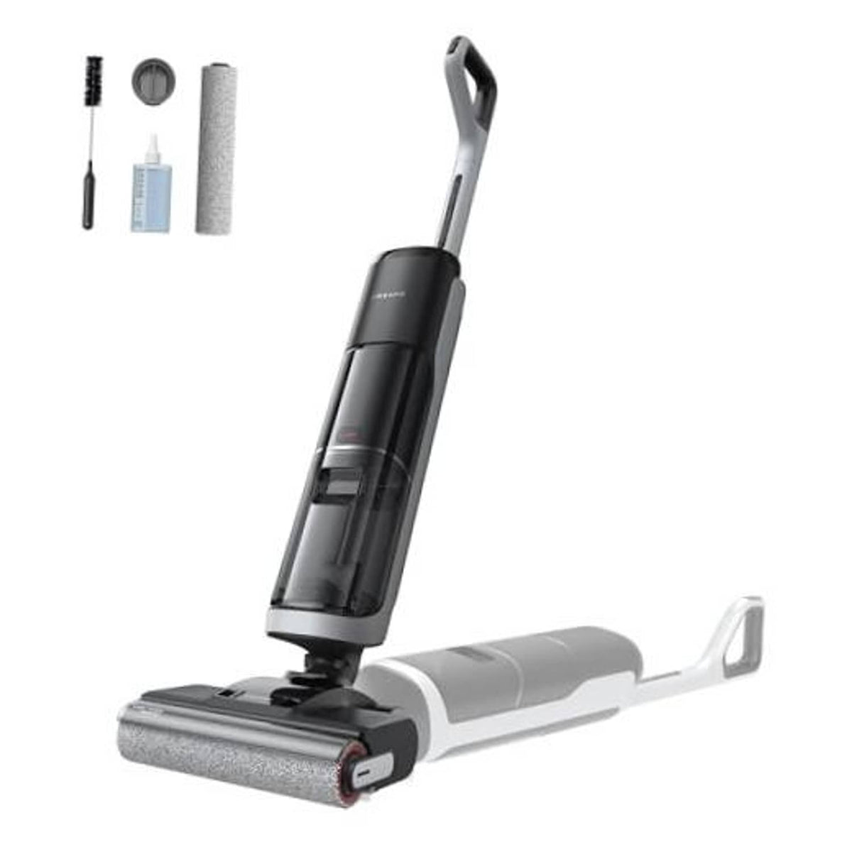Cordless vacuum mop with gray mop head and black handheld canister, angled view.