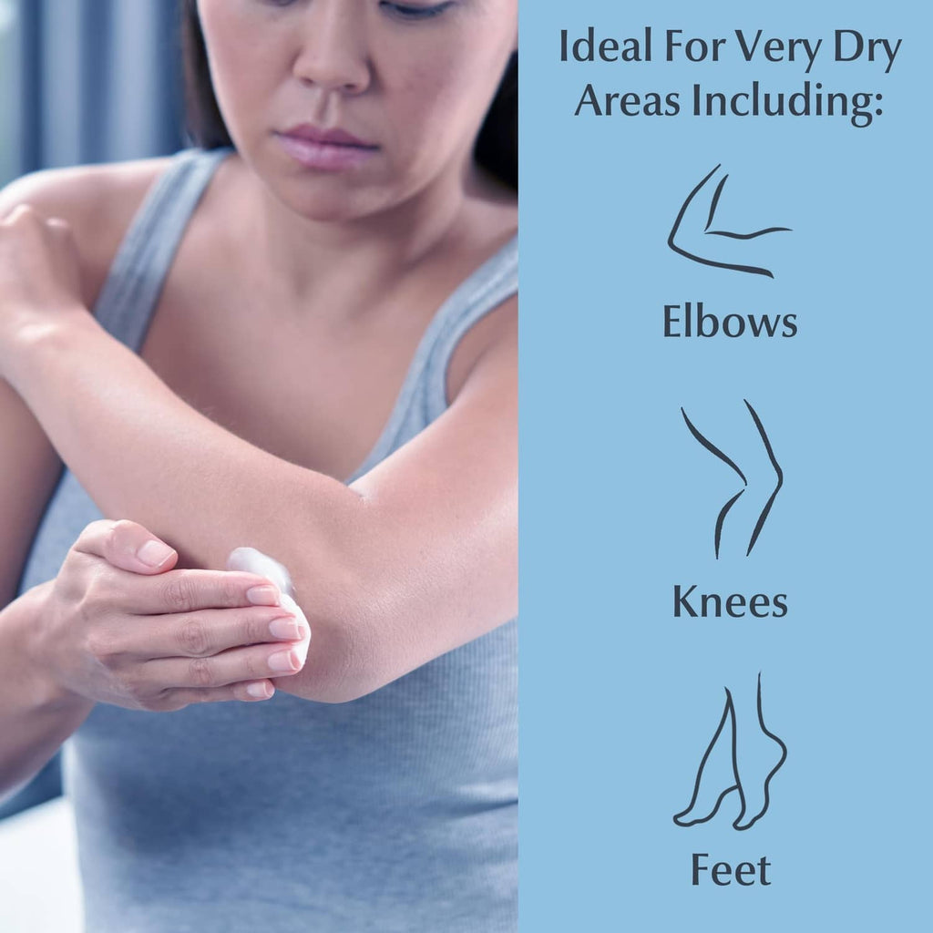 Sunscreen applied to elbows, knees, and feet for very dry areas