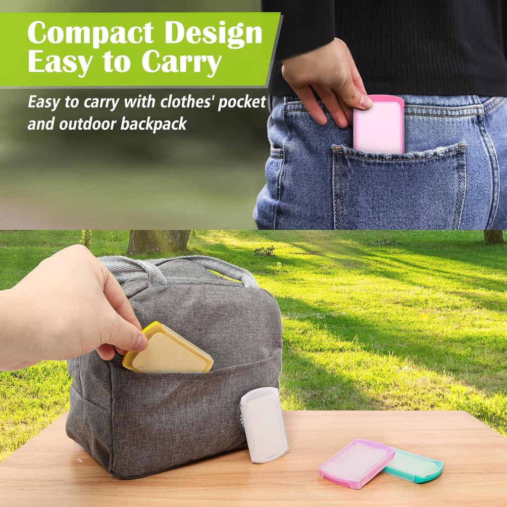 Portable hand washing soap sheets with compact case, carried in a pocket
