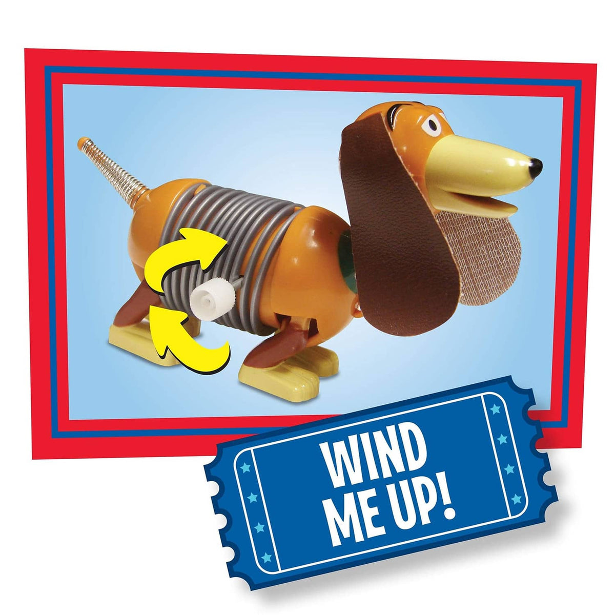 Slinky Dog wind-up toy showing spring action, gray coil and brown head