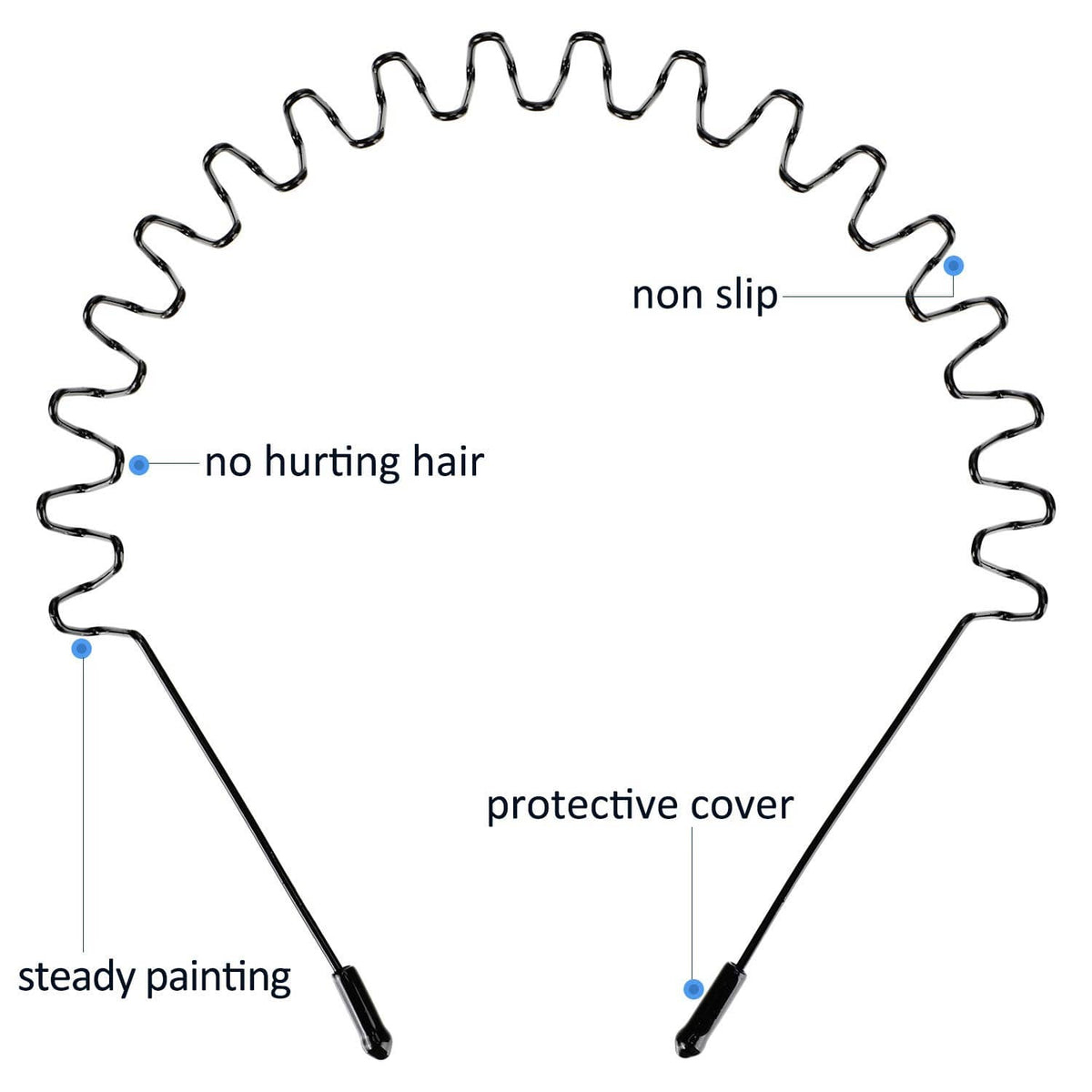 Wavy metal spring hair hoop with protective end cover and grip points