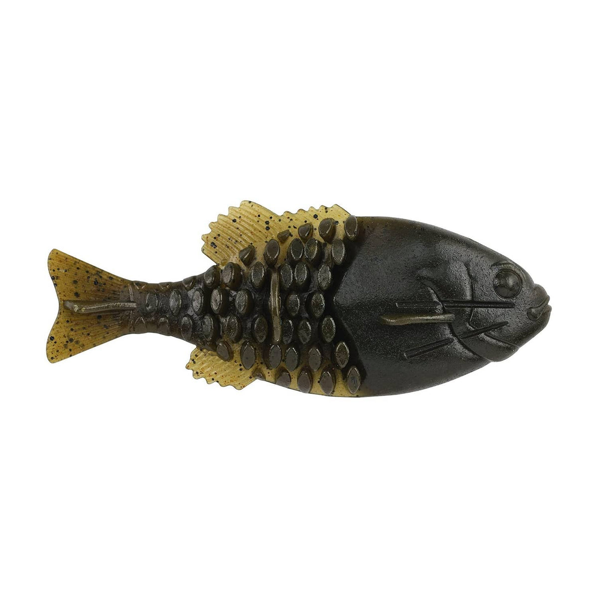 Gilly-style fishing lure, green pumpkin natural, lifelike dark fish body