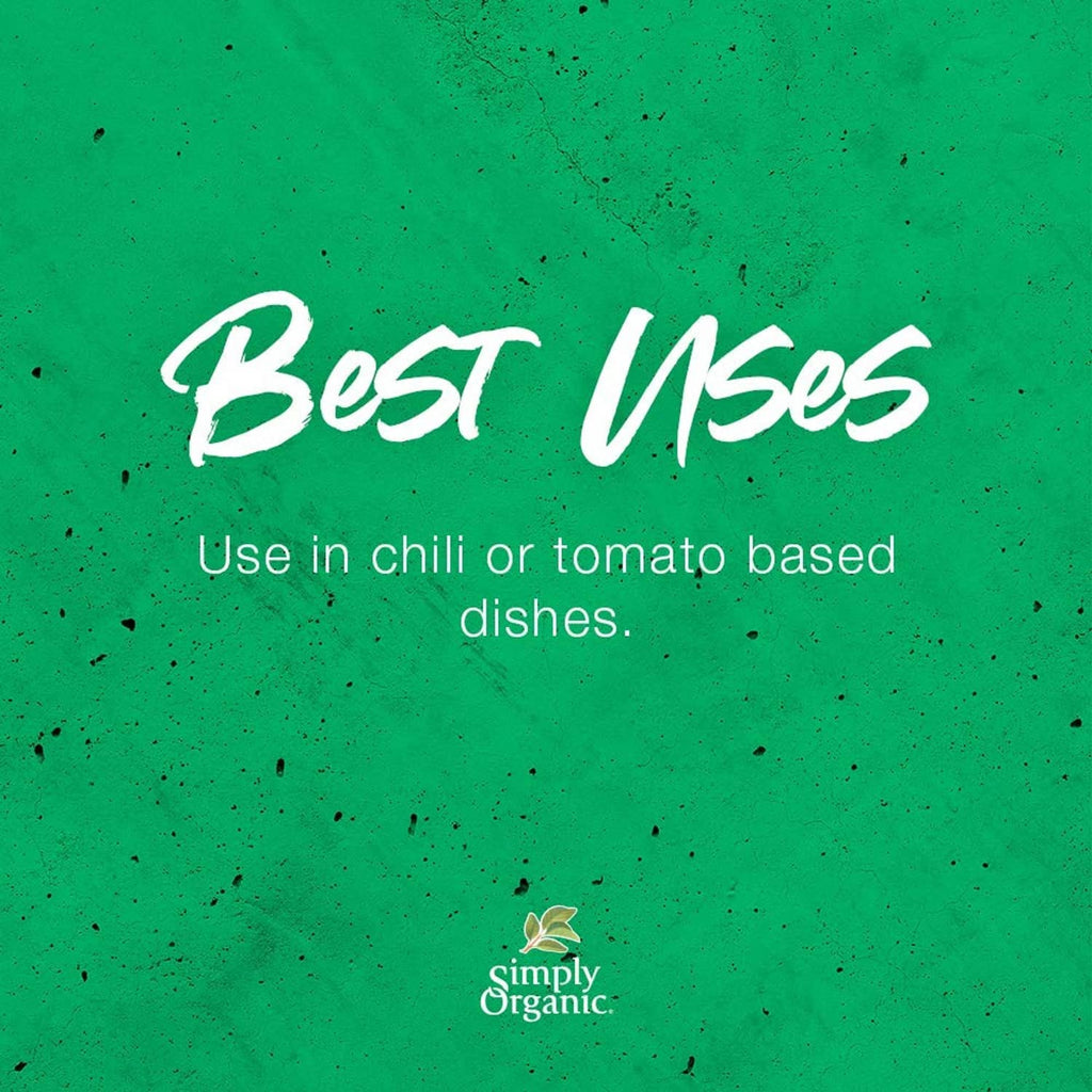 Simply Organic spicy chili seasoning mix graphic reading 'Best uses' for chili