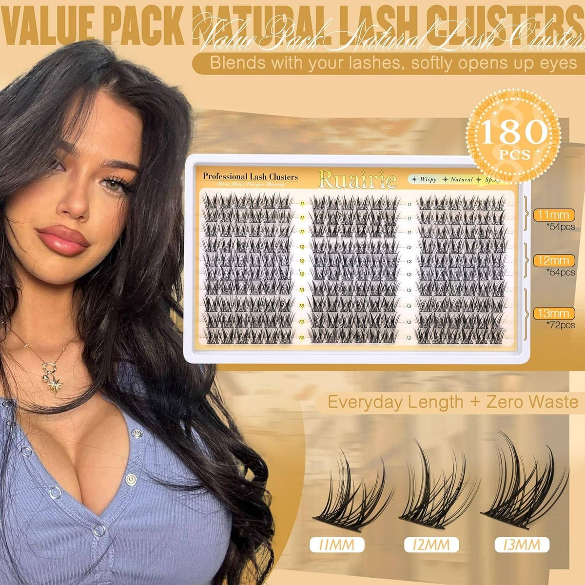 Lash clusters kit packaging with 180-piece wispy black natural cluster lashes