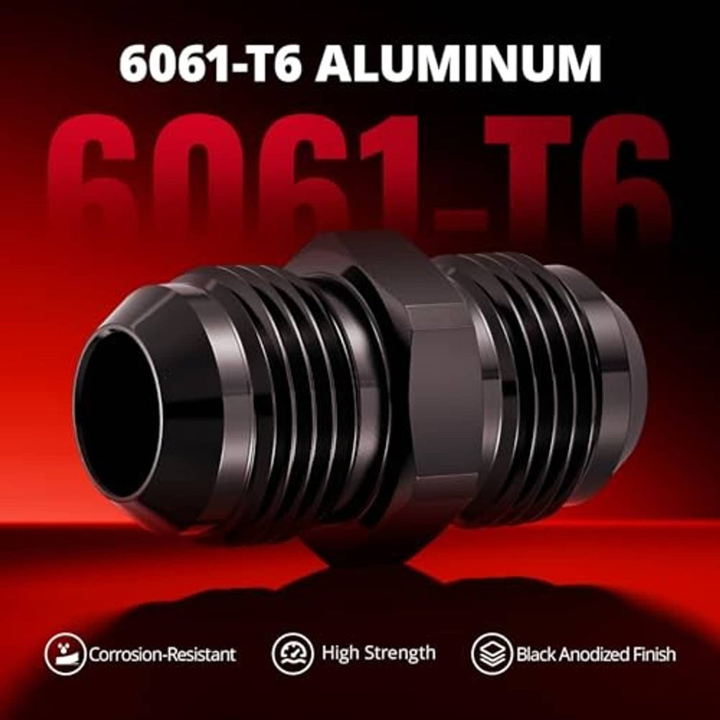 Black AN flare union straight adapter fitting, machined flare threads and collar