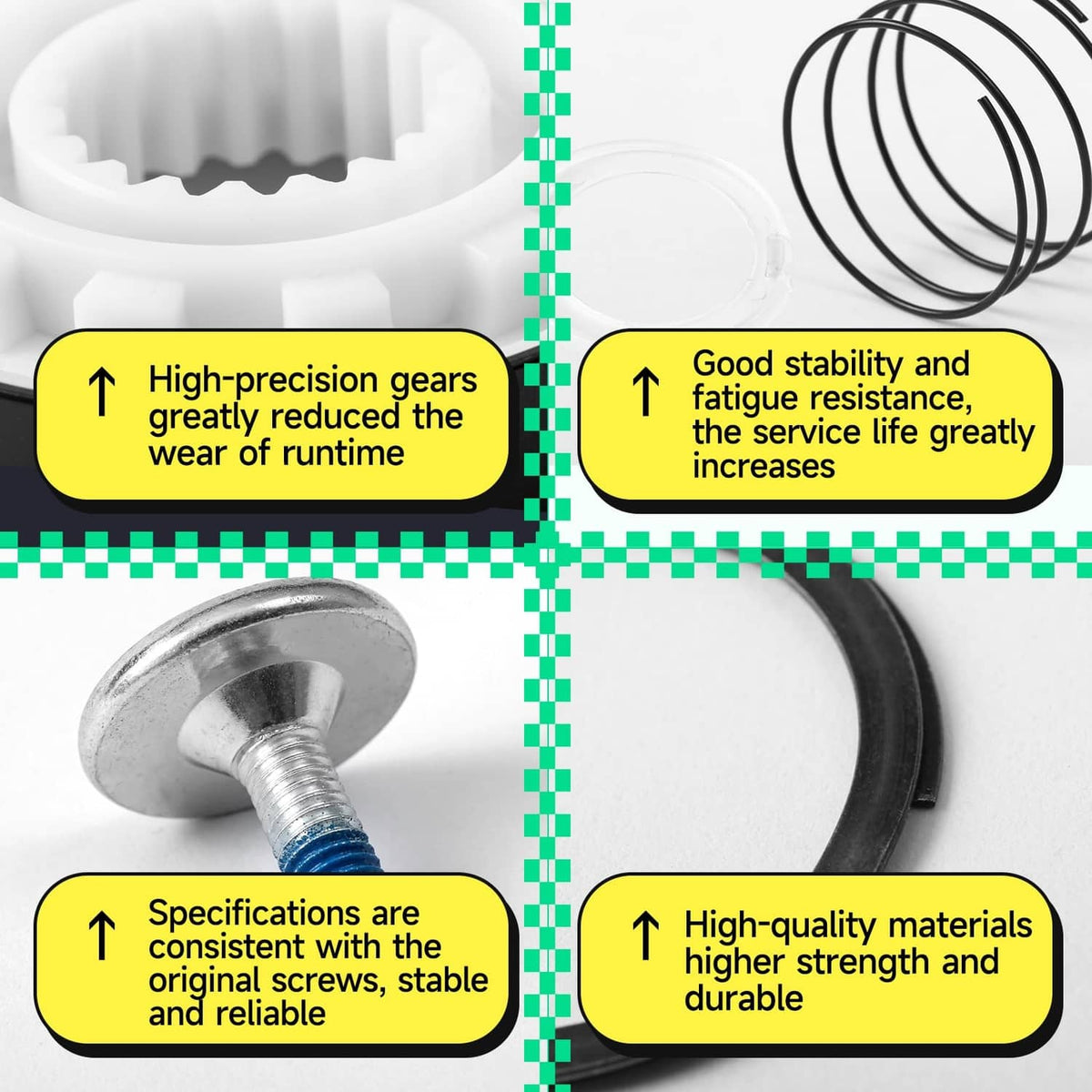 Washer clutch kit close-up with white gear, black O-ring, and metal mounting bolt