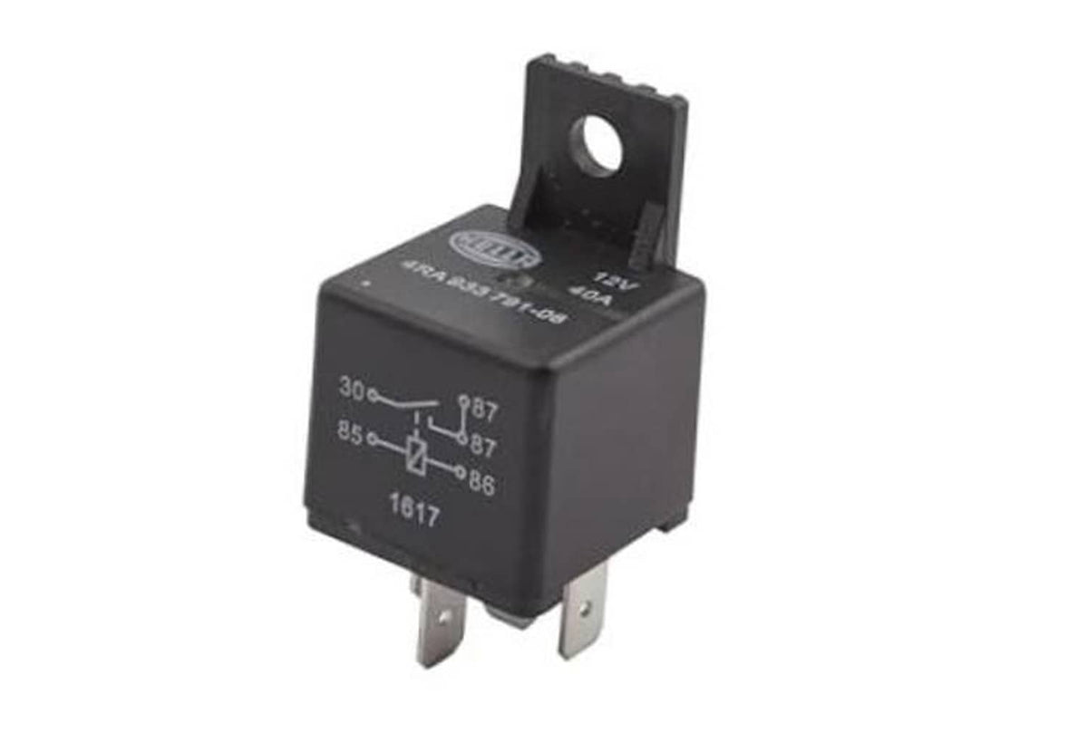 Black 12V mini ISO relay with 5-pin terminals and mounting bracket