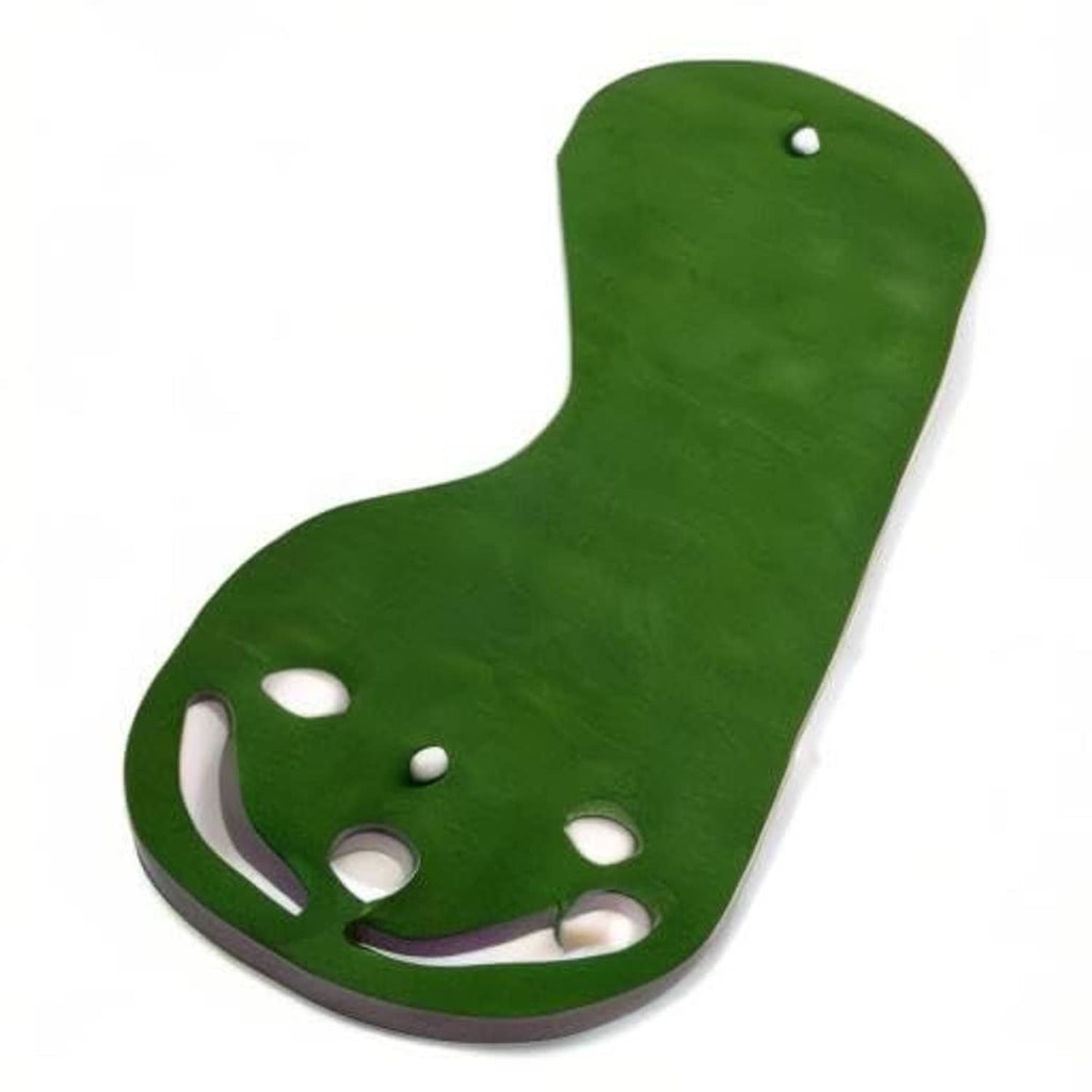 Dark green golf putting green mat with cup holes and curved ball channels at base