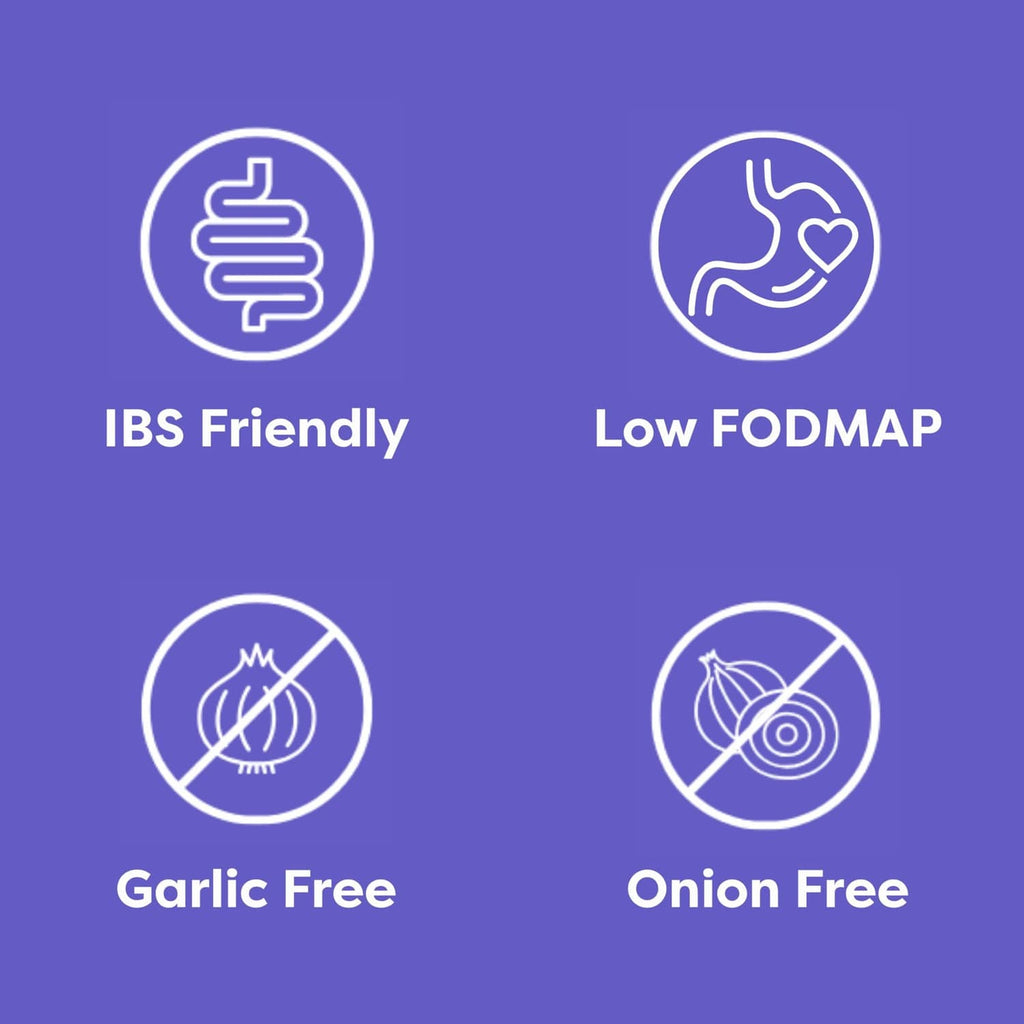 Fody soup base benefit icons: IBS Friendly, Low FODMAP, Garlic Free, Onion Free